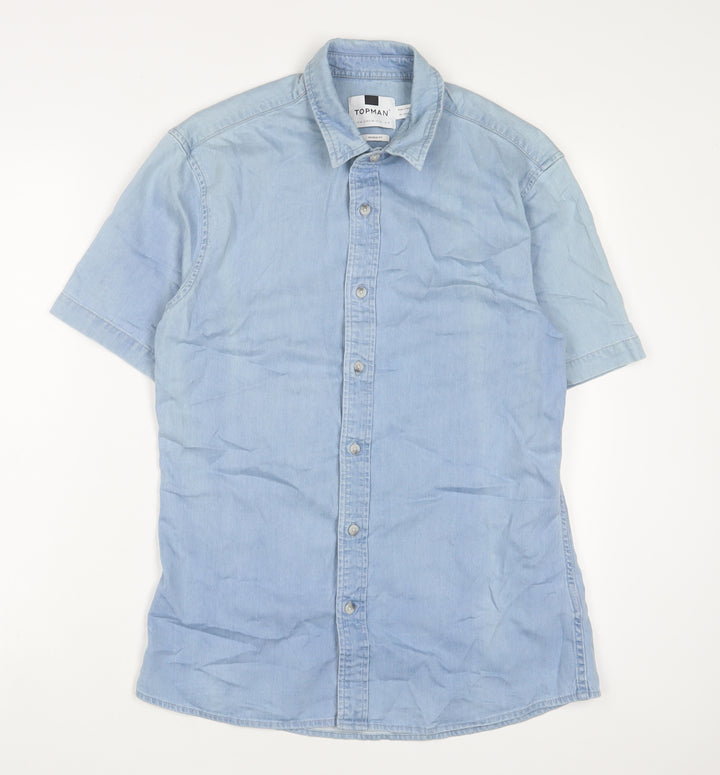 Topman Mens Blue Cotton Button-Up Size M Collared Button