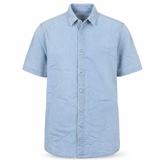 Front view of Topman men’s blue cotton button-up, size M, collared button