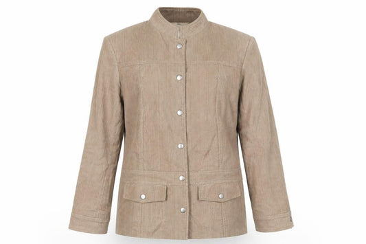 Front view of Klass women’s beige jacket, size UK 12, button