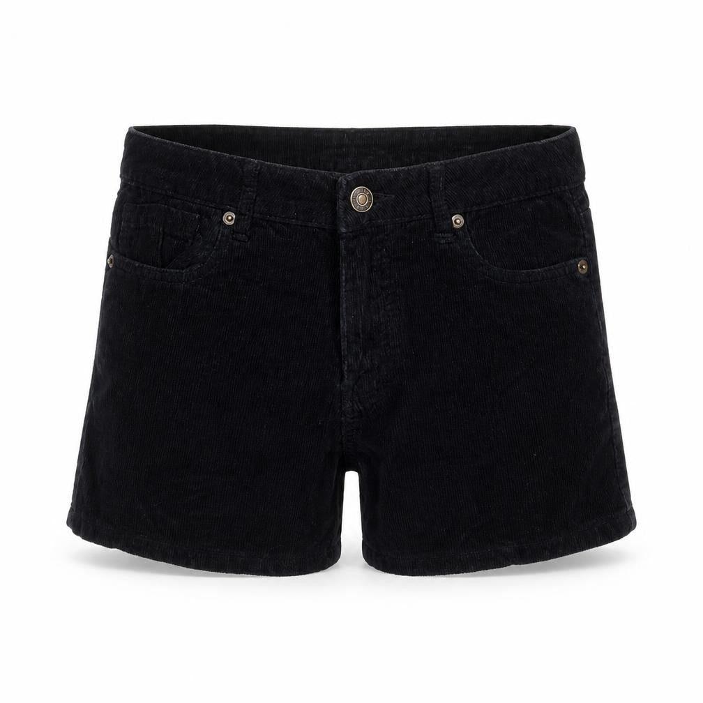 Front view of I Love H81 women’s black cotton basic shorts, size UK 25, in regular zip