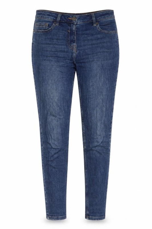 Front view of Next women’s blue cotton skinny jeans, size UK 10, 31-inch leg regular zip