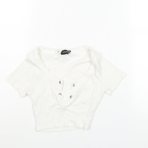 PRETTYLITTLETHING Womens White Cotton Cropped T-Shirt Size 4 V-Neck - Snap Detail Ribbed
