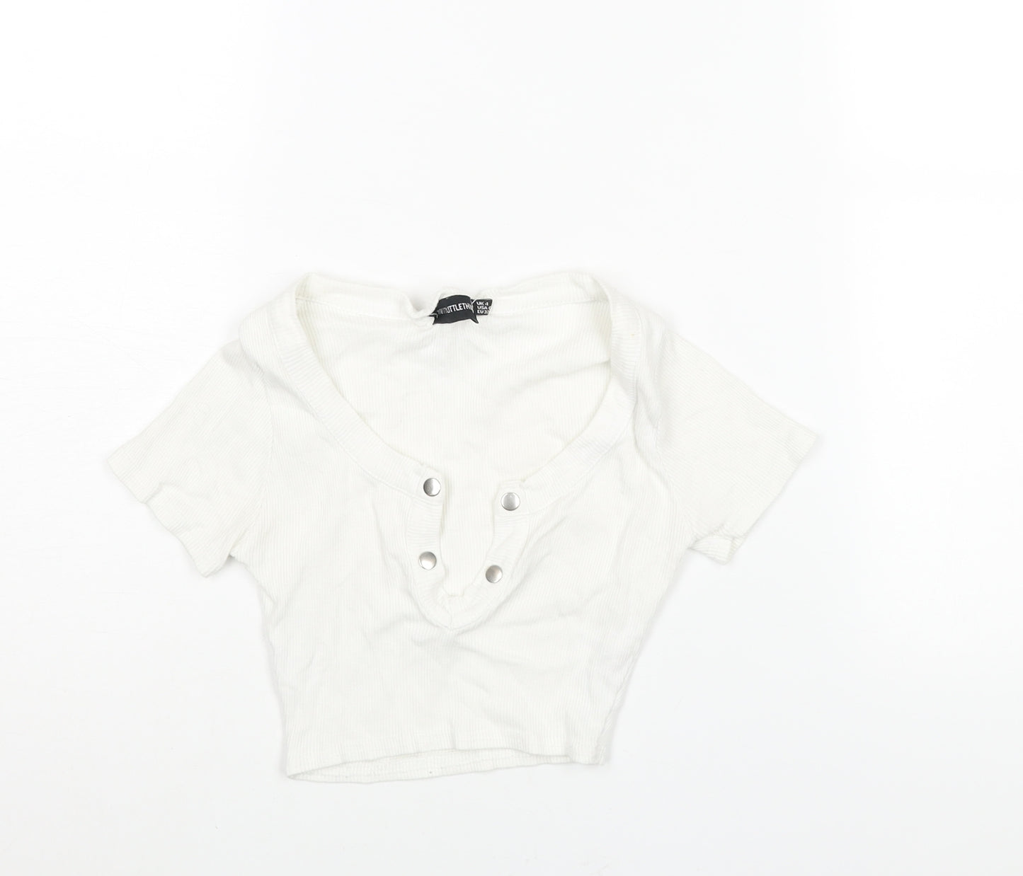 PRETTYLITTLETHING Womens White Cotton Cropped T-Shirt Size 4 V-Neck - Snap Detail Ribbed