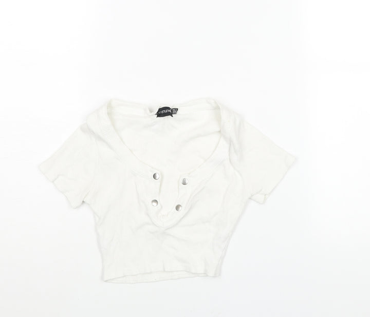 PRETTYLITTLETHING Womens White Cotton Cropped T-Shirt Size 4 V-Neck - Snap Detail Ribbed