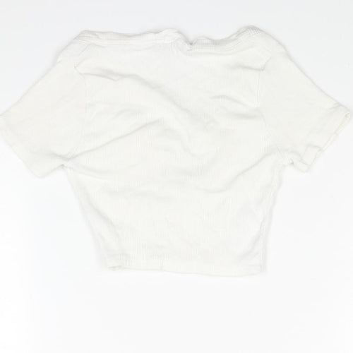 PRETTYLITTLETHING Womens White Cotton Cropped T-Shirt Size 4 V-Neck - Snap Detail Ribbed