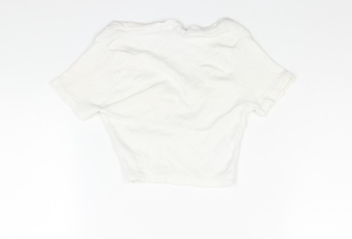 PRETTYLITTLETHING Womens White Cotton Cropped T-Shirt Size 4 V-Neck - Snap Detail Ribbed