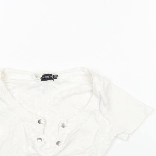 PRETTYLITTLETHING Womens White Cotton Cropped T-Shirt Size 4 V-Neck - Snap Detail Ribbed
