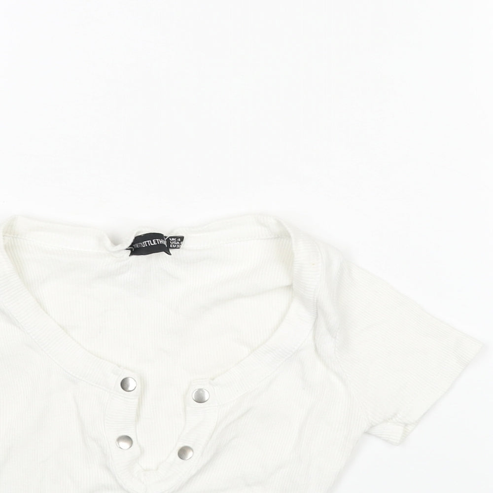 PRETTYLITTLETHING Womens White Cotton Cropped T-Shirt Size 4 V-Neck - Snap Detail Ribbed