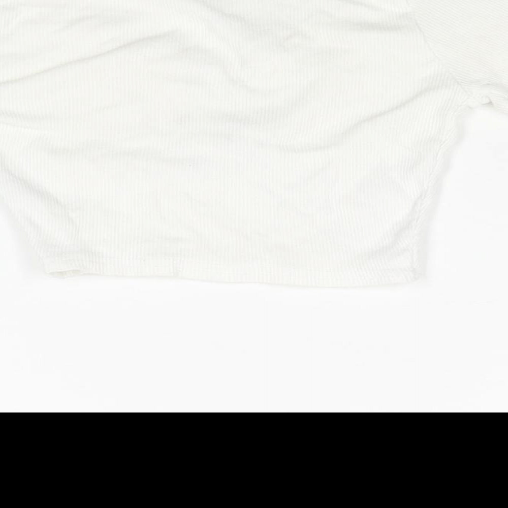 PRETTYLITTLETHING Womens White Cotton Cropped T-Shirt Size 4 V-Neck - Snap Detail Ribbed
