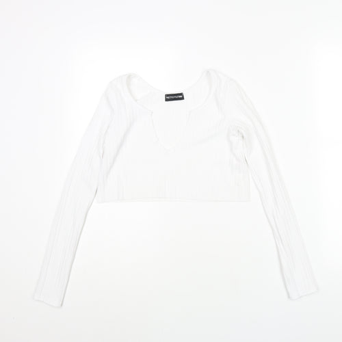 PRETTYLITTLETHING Womens White Polyester Cropped Blouse Size 4 V-Neck - Ribbed