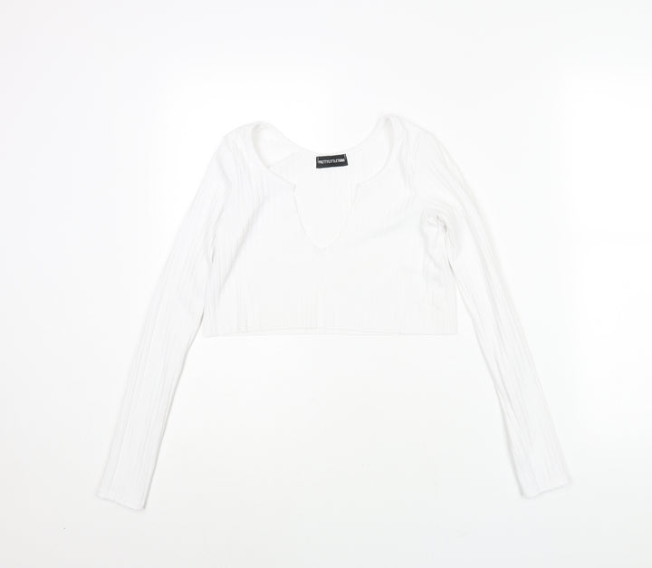 PRETTYLITTLETHING Womens White Polyester Cropped Blouse Size 4 V-Neck - Ribbed