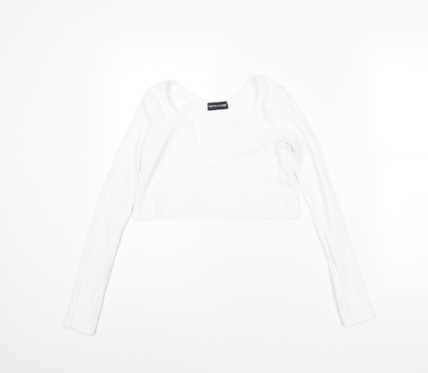 PRETTYLITTLETHING Womens White Polyester Cropped Blouse Size 4 V-Neck - Ribbed