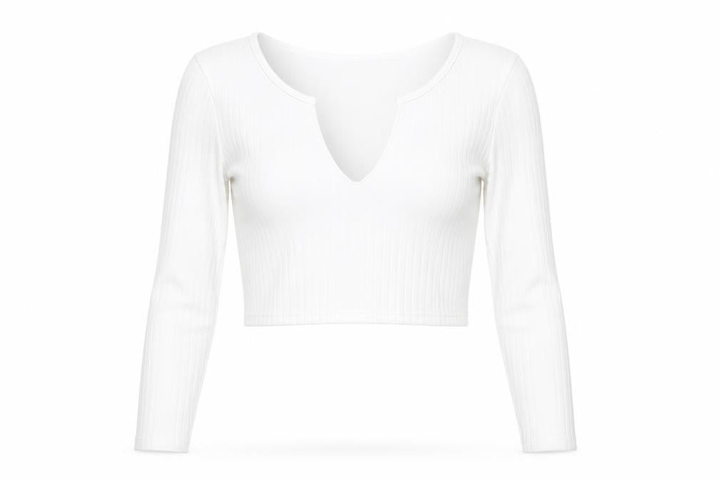 Front view of PRETTYLITTLETHING women’s white polyester cropped blouse, size UK 4, v-neck - ribbed