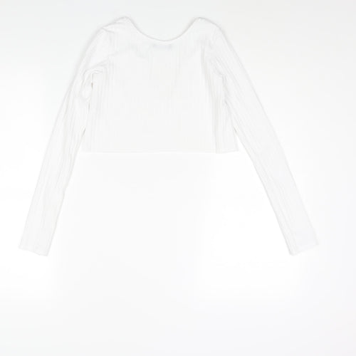 PRETTYLITTLETHING Womens White Polyester Cropped Blouse Size 4 V-Neck - Ribbed
