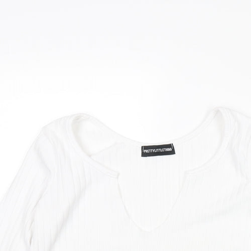 PRETTYLITTLETHING Womens White Polyester Cropped Blouse Size 4 V-Neck - Ribbed