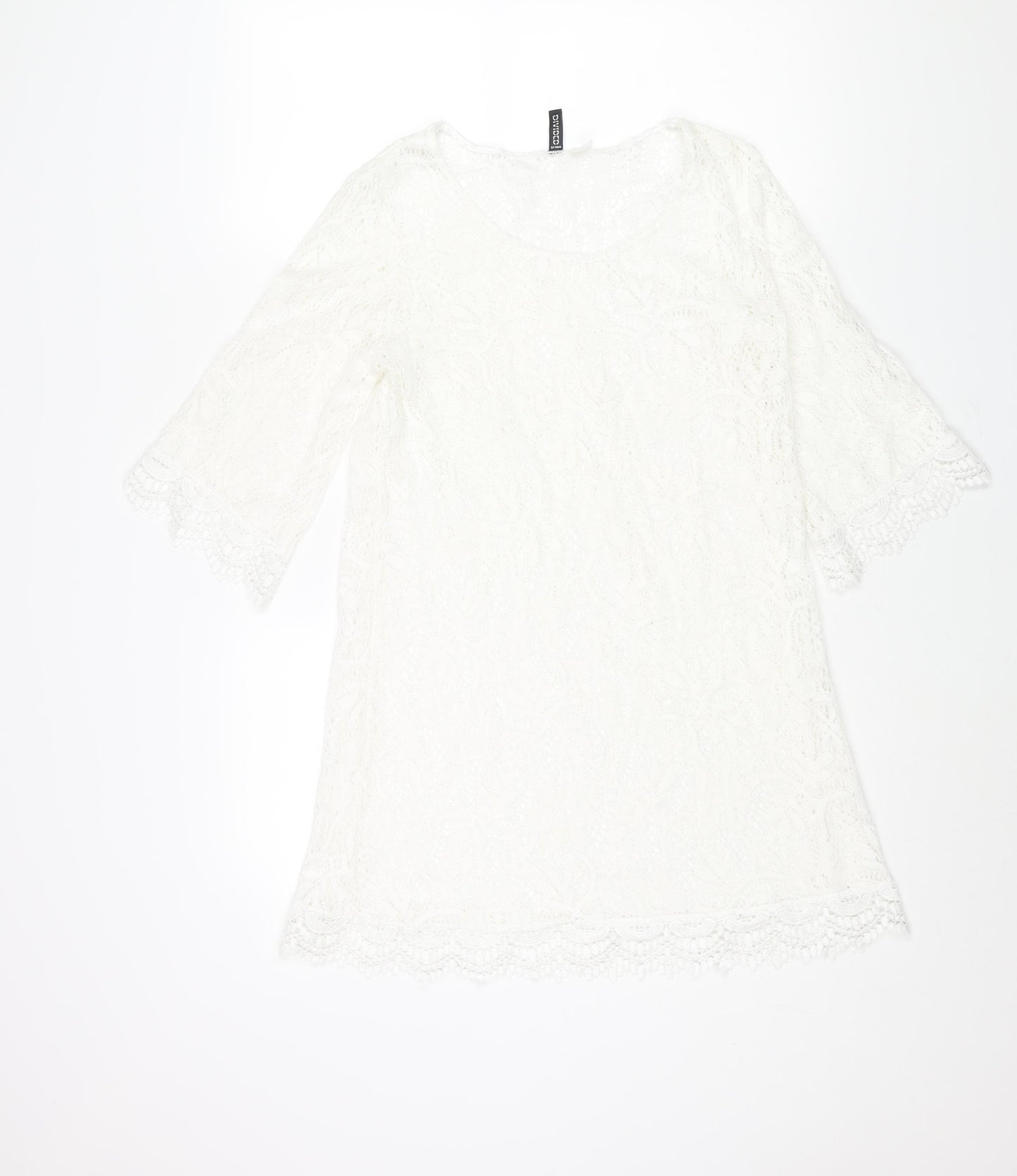 Divided by H&M Womens White Polyester Mini Size 14 Round Neck Pullover - Lace Trim Detail Semi Sheer