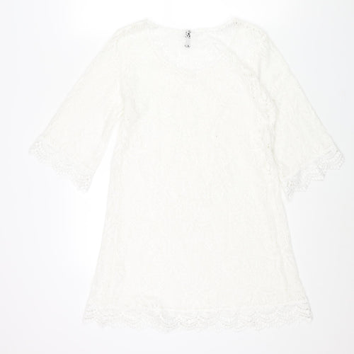 Divided by H&M Womens White Polyester Mini Size 14 Round Neck Pullover - Lace Trim Detail Semi Sheer