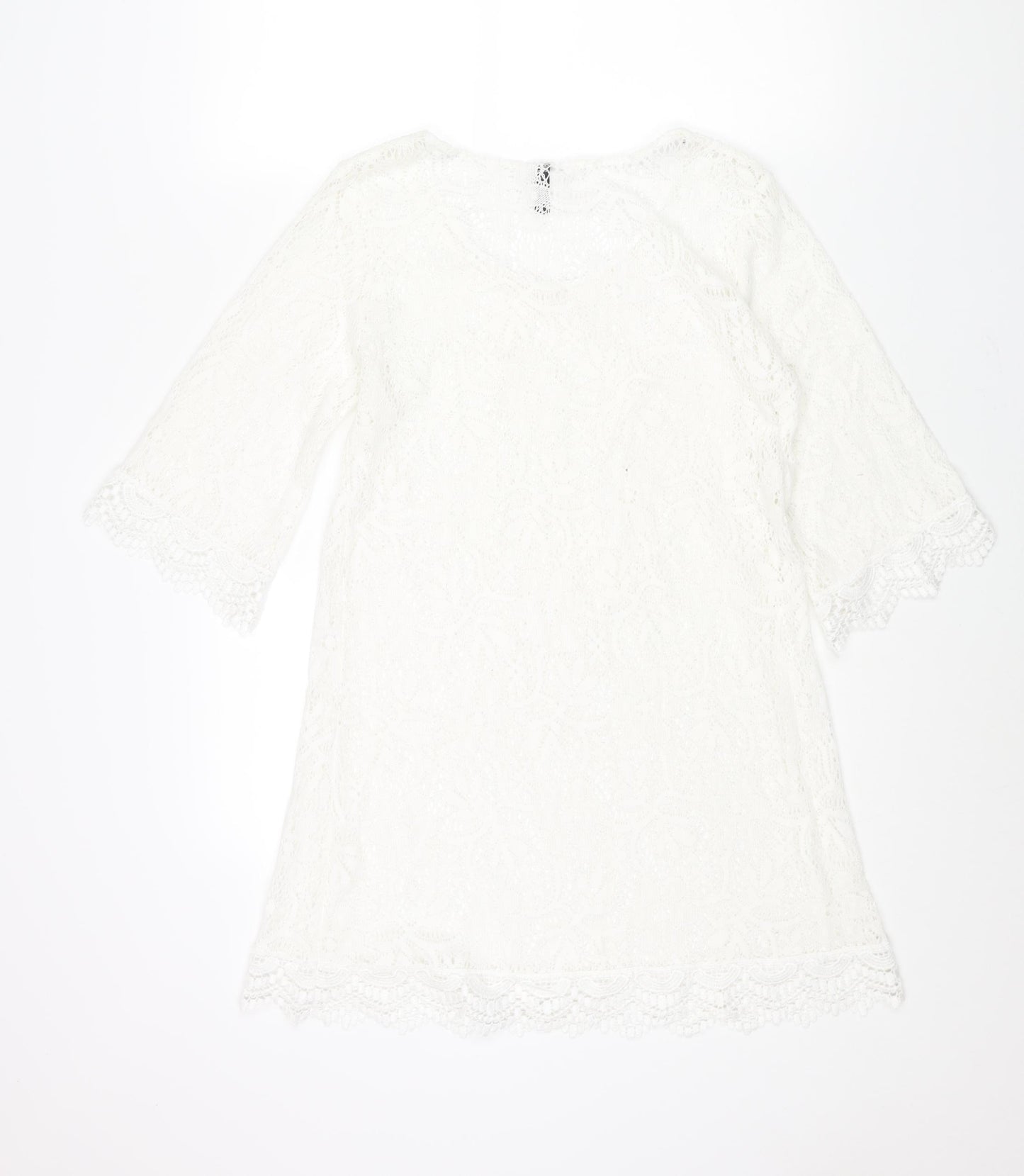 Divided by H&M Womens White Polyester Mini Size 14 Round Neck Pullover - Lace Trim Detail Semi Sheer