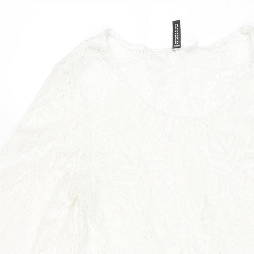 Divided by H&M Womens White Polyester Mini Size 14 Round Neck Pullover - Lace Trim Detail Semi Sheer