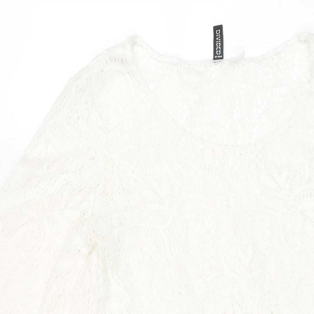 Divided by H&M Womens White Polyester Mini Size 14 Round Neck Pullover - Lace Trim Detail Semi Sheer