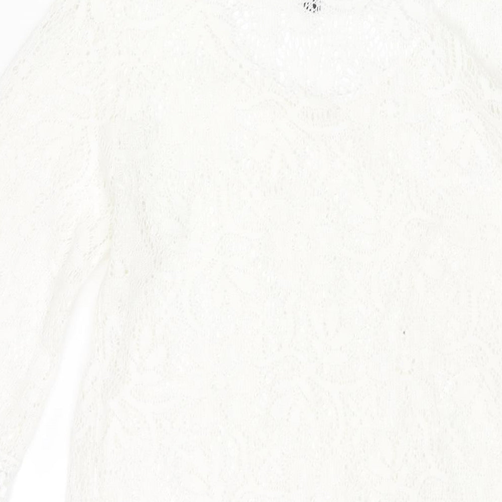 Divided by H&M Womens White Polyester Mini Size 14 Round Neck Pullover - Lace Trim Detail Semi Sheer