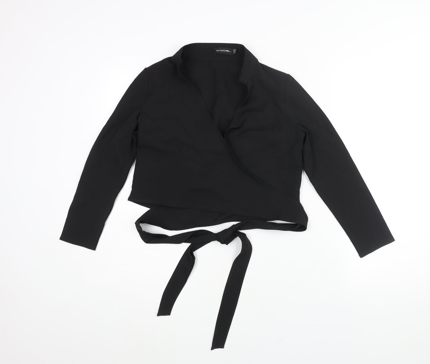 PRETTYLITTLETHING Womens Black Polyester Wrap Blouse Size 4 V-Neck