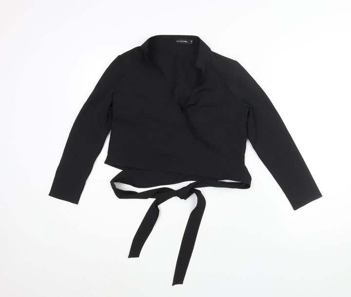 PRETTYLITTLETHING Womens Black Polyester Wrap Blouse Size 4 V-Neck