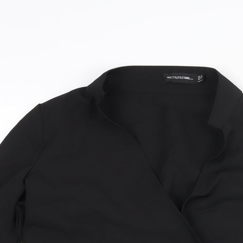 PRETTYLITTLETHING Womens Black Polyester Wrap Blouse Size 4 V-Neck