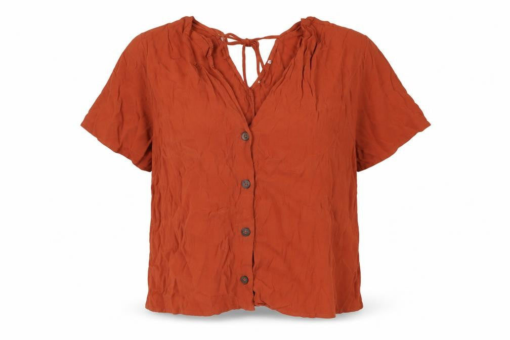 Front view of Warehouse women’s orange viscose basic blouse, size UK 18, v-neck - tie detail