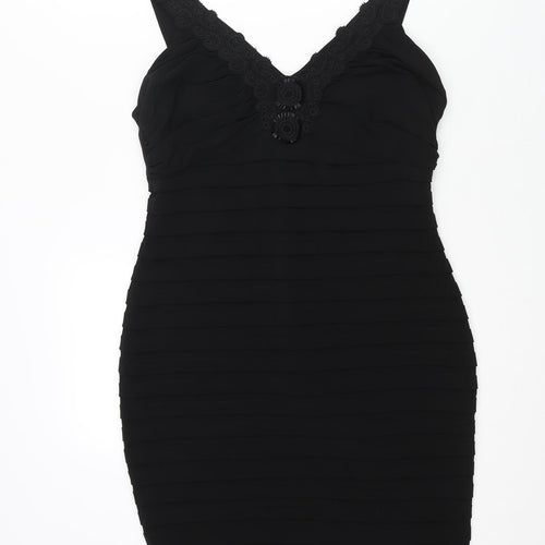 Wallis Womens Black Polyester Bodycon Size 14 V-Neck Zip - Pleated Lace Sequin Detail