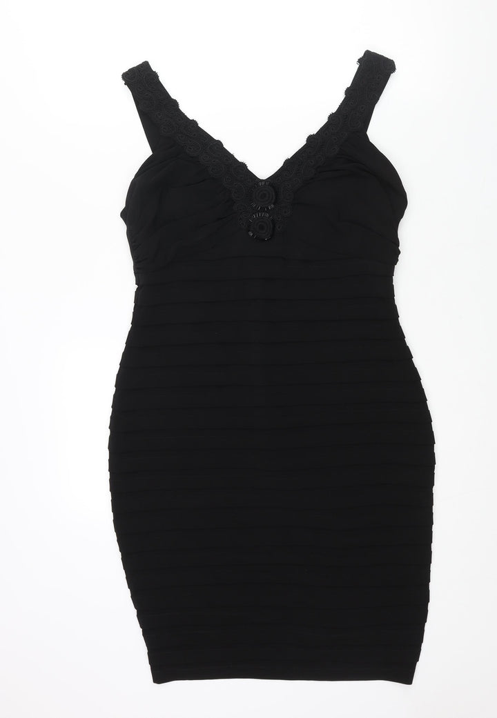 Wallis Womens Black Polyester Bodycon Size 14 V-Neck Zip - Pleated Lace Sequin Detail