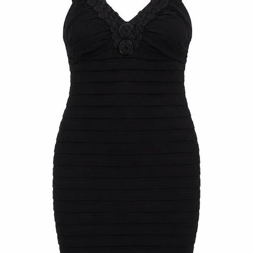 Wallis Womens Black Polyester Bodycon Size 14 V-Neck Zip - Pleated Lace Sequin Detail