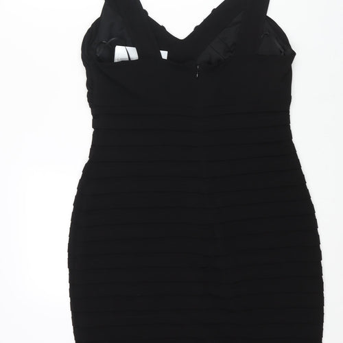 Wallis Womens Black Polyester Bodycon Size 14 V-Neck Zip - Pleated Lace Sequin Detail