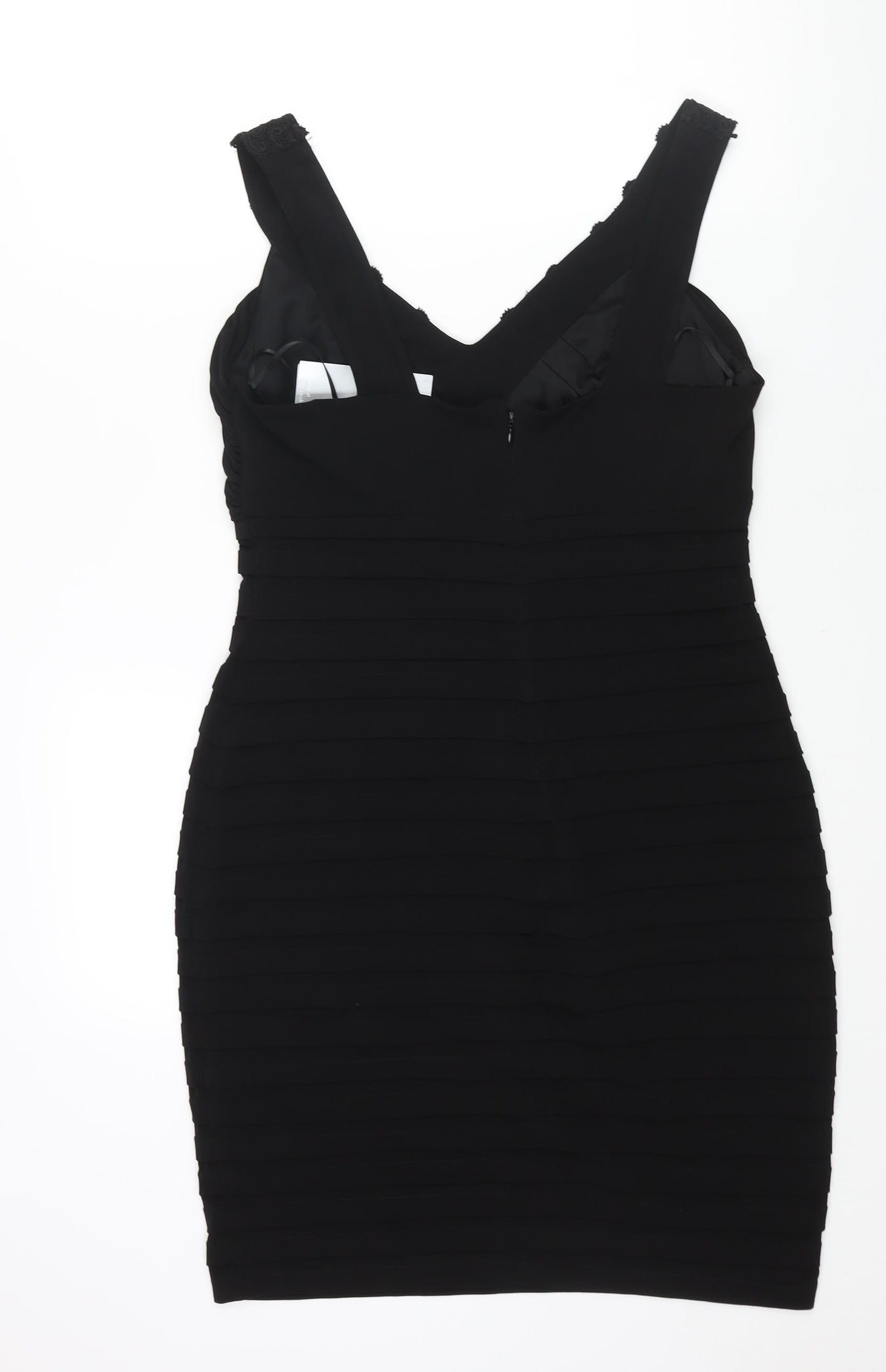 Wallis Womens Black Polyester Bodycon Size 14 V-Neck Zip - Pleated Lace Sequin Detail