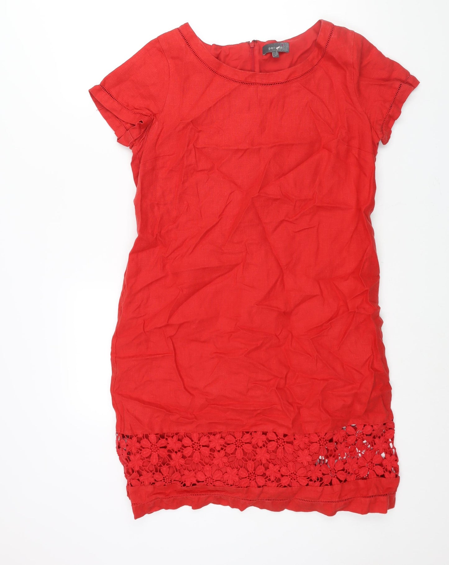 Per Una Womens Red Polyester Shift Size 14 Round Neck Zip - Lace Detail