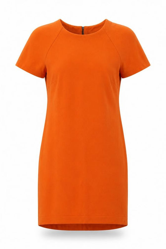 Front view of Topshop women’s orange polyester sheath, size UK 12, round neck zip