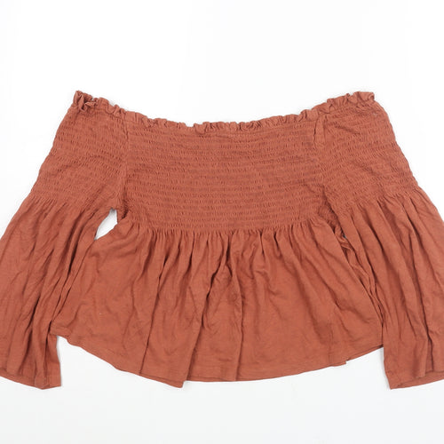 New Look Womens Brown Cotton Cropped Blouse Size 12 Off the Shoulder - Rouched