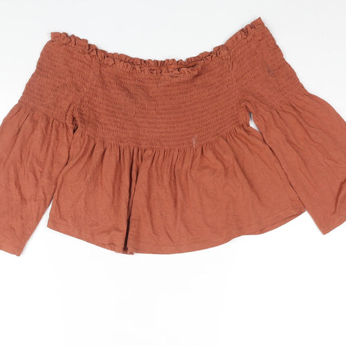 New Look Womens Brown Cotton Cropped Blouse Size 12 Off the Shoulder - Rouched