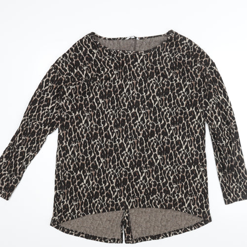 NEXT Womens Brown Round Neck Animal Print Viscose Pullover Jumper Size 12 - Button Detail Leopard Print
