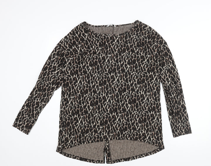 NEXT Womens Brown Round Neck Animal Print Viscose Pullover Jumper Size 12 - Button Detail Leopard Print