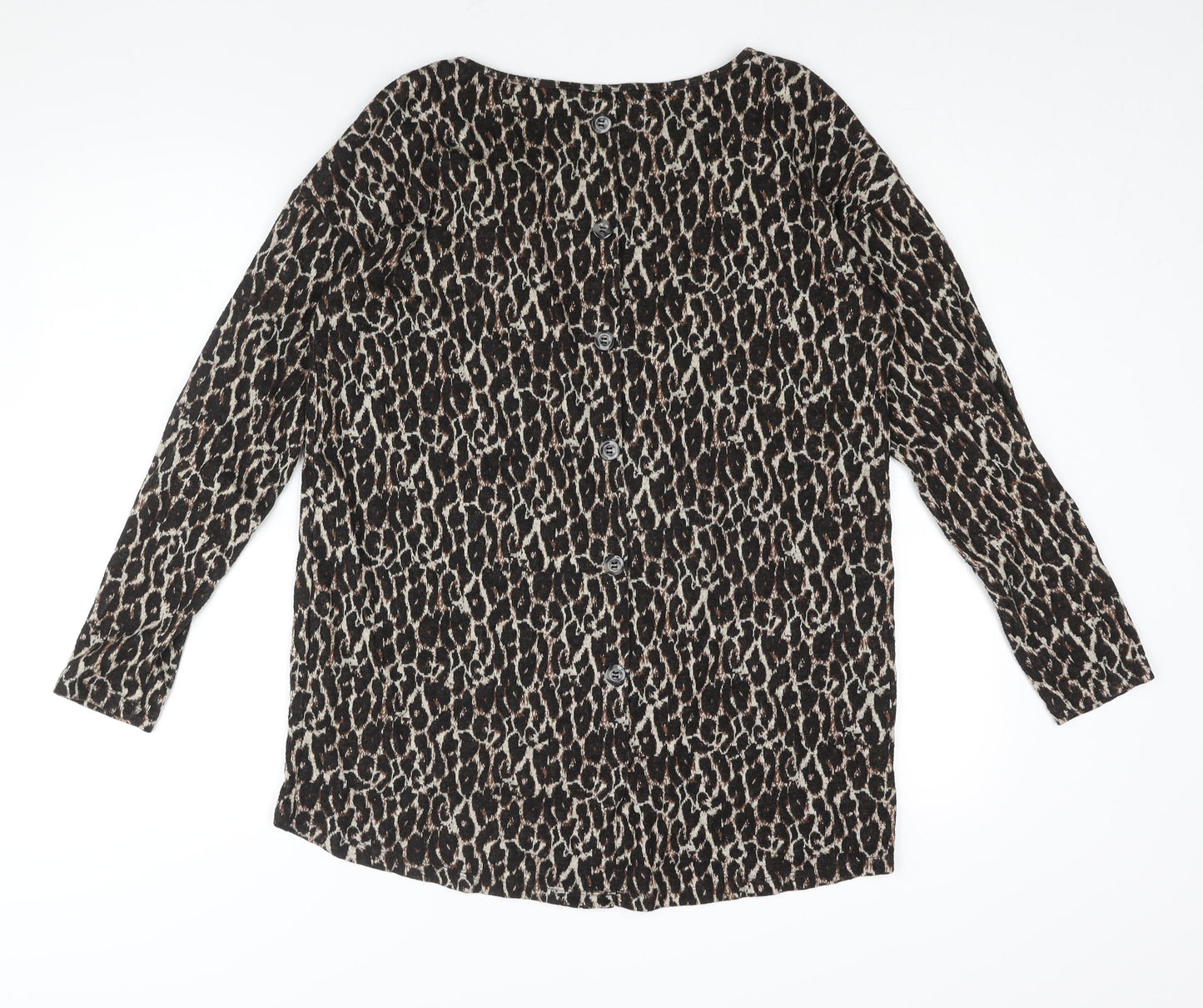 NEXT Womens Brown Round Neck Animal Print Viscose Pullover Jumper Size 12 - Button Detail Leopard Print