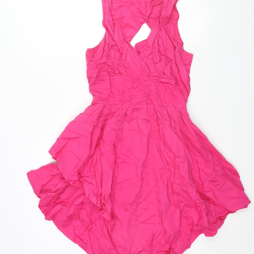 Warehouse Womens Pink Cotton Fit & Flare Size 14 V-Neck Zip - Belted Open Back