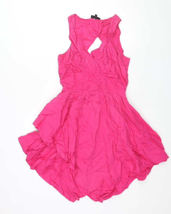 Warehouse Womens Pink Cotton Fit & Flare Size 14 V-Neck Zip - Belted Open Back
