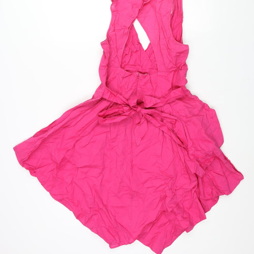 Warehouse Womens Pink Cotton Fit & Flare Size 14 V-Neck Zip - Belted Open Back