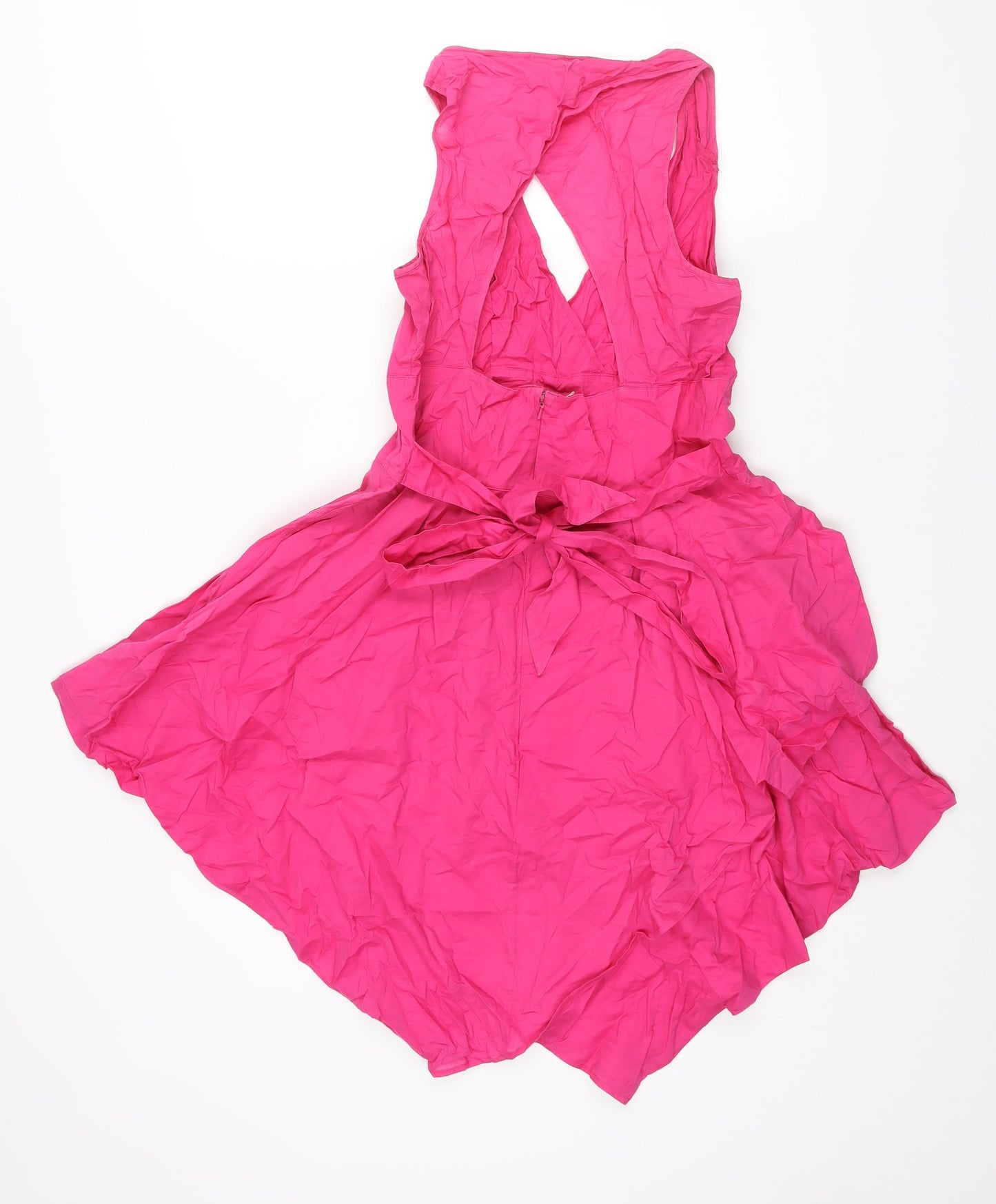 Warehouse Womens Pink Cotton Fit & Flare Size 14 V-Neck Zip - Belted Open Back