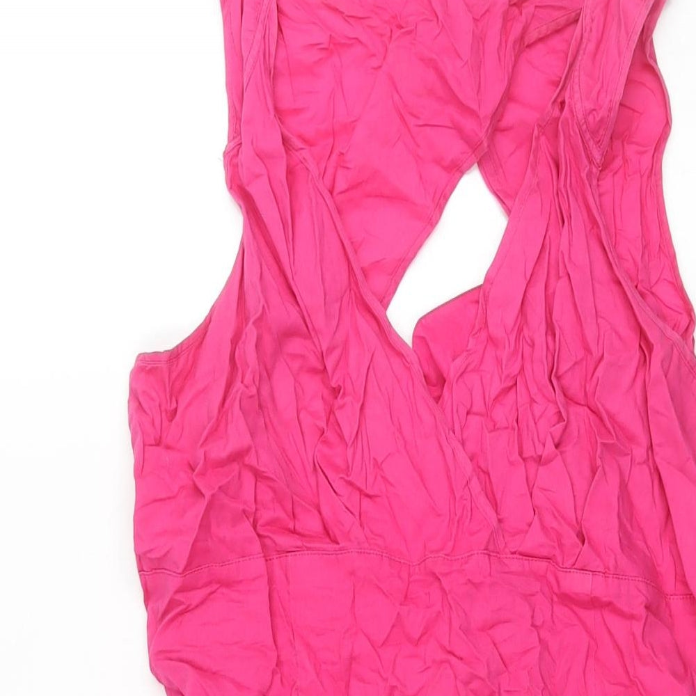 Warehouse Womens Pink Cotton Fit & Flare Size 14 V-Neck Zip - Belted Open Back
