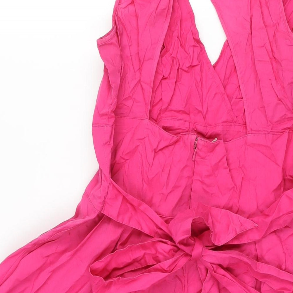 Warehouse Womens Pink Cotton Fit & Flare Size 14 V-Neck Zip - Belted Open Back