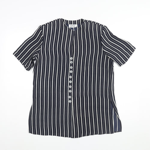 Eugen Klein Womens Blue Striped Polyester Tunic Blouse Size 10 Round Neck - Shoulder Pads Side Slits