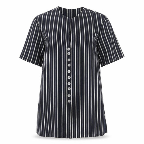 Eugen Klein Womens Blue Striped Polyester Tunic Blouse Size 10 Round Neck - Shoulder Pads Side Slits
