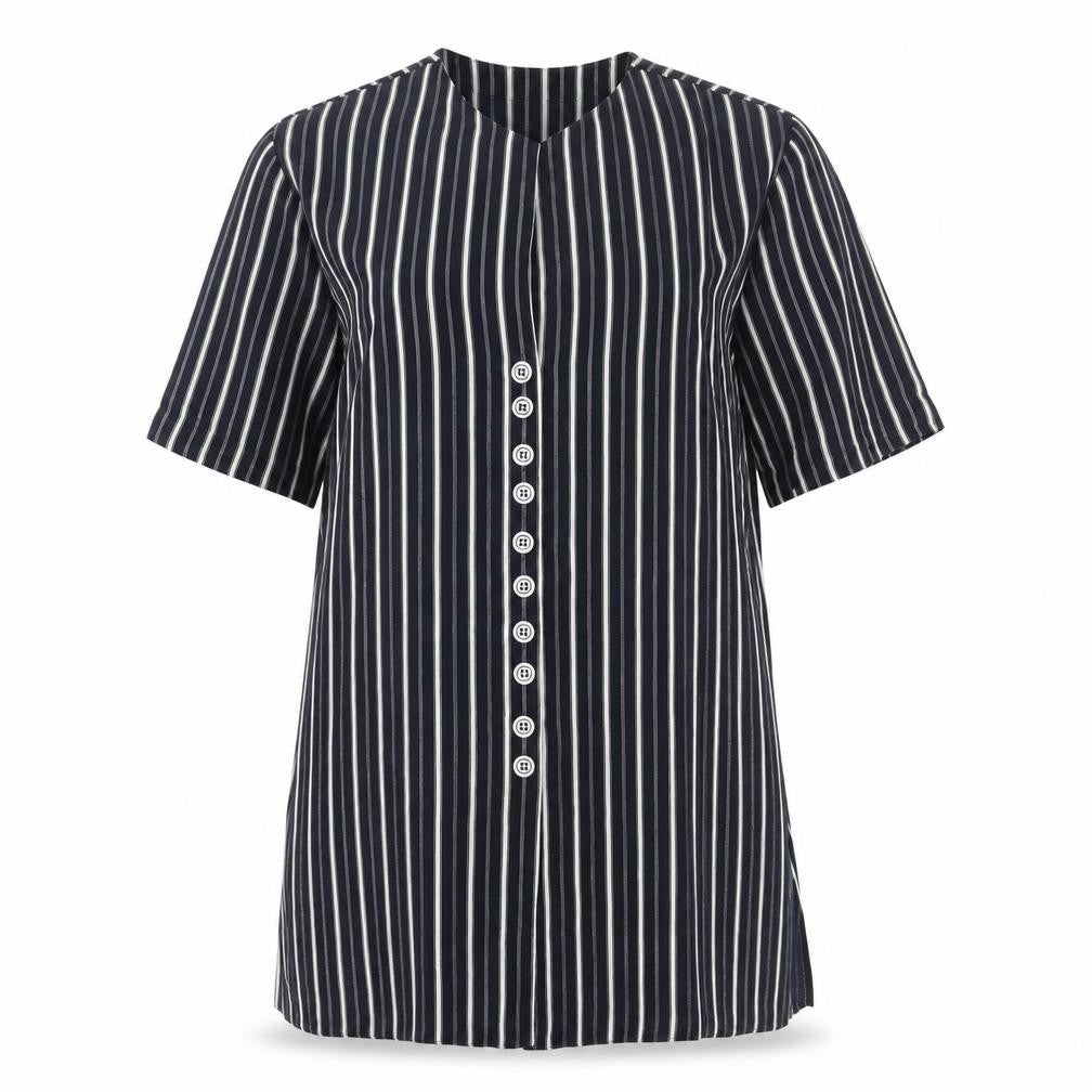 Eugen Klein Womens Blue Striped Polyester Tunic Blouse Size 10 Round Neck - Shoulder Pads Side Slits